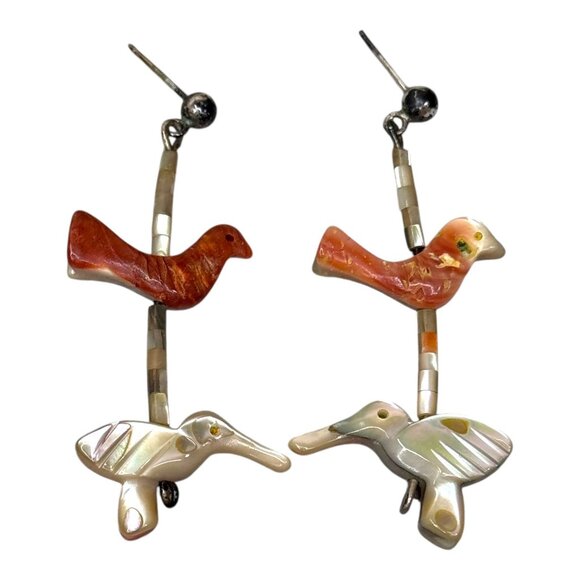 Vintage Zuni Bird Fish Fetish Necklace Matching Earrings Carved Native American - Picture 14 of 15